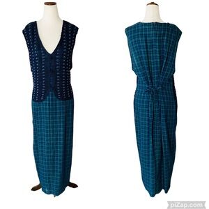 VINTAGE 90s Plaid Midi Dress with Crochet Beaded Vest Layer
